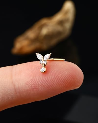Jewseen 14K Gold Nose Rings 20g L Shaped Nose Stud Dangle Nose Piercing Jewelry Butterfly Nostril Ring for Women2