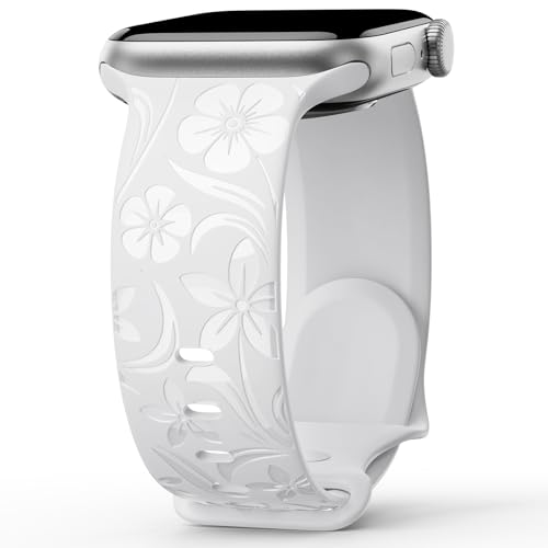 Floral Engraved Band Compatible with Apple Watch Band 38mm 40mm 41mm 42mm 44mm 45mm 46mm 49mm Designer Silicone Glossy Wildflower Strap for iWatch Band Series Ultra 11 10 9 8 7 6 SE 5 4 3 White 38
