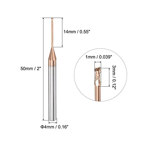 Image of uxcell Square Nose End Mill, 1mm Solid Carbide AlTiSin Coated Long Reach CNC Router Bits 2 Flutes Milling Cutter with Extended Neck, 14mm Cutting Length 4mm Shank