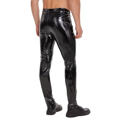 Mens Shiny Leather Pants, Sexy Zipper Open Crotch, Wetlook, Glossy Casual Trousers, Black2