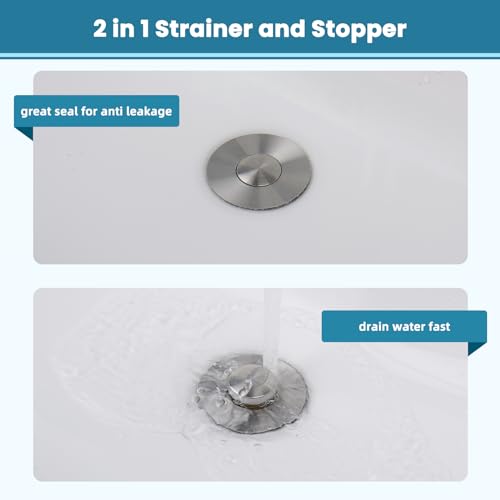 Image of Universal Metal Bathroom Sink Drain Stopper, 2-in-1 Pop Up, Brushed Nickel | Sink Strainer with Anti-Clogging Filter Basket Fit for Standard 1 inch-2.3 inch Basin Drain Holes, Anti-Clog
