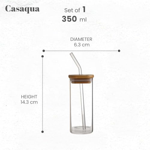 Image of Glass Tumbler with Bamboo Lid & Straw - 350ml, Set of 1, Drinking Glasses with Handle, Borosilicate Glass Cups for Iced Coffee, Bubble Tea, Boba, Juice, Smoothies & Water