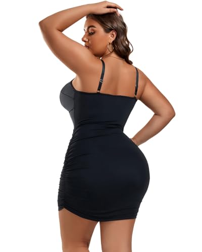 Women’s Plus Size Sexy Ruched Bodycon Dress Sleeveless Square Neck Club Party Dresses3