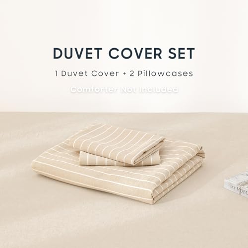 Image of Wake In Cloud - Striped Cotton Duvet Cover Set, Ticking Stripe Vertical Pinstripe Farmhouse, 100% Washed Cotton Textured Bedding Set, 3 Pieces, Tan, Twin /Twin XL Size