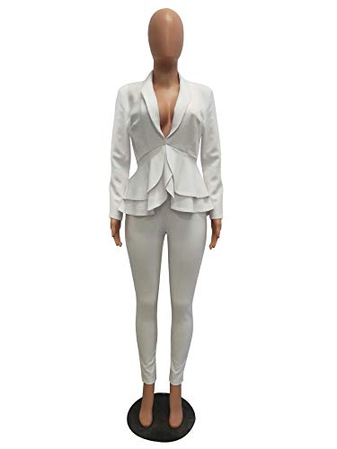 Salimdy Sexy 2 Piece Outfits for Women Long Sleeve Solid Blazer with Pants Casual Elegant Business Suit Sets White M