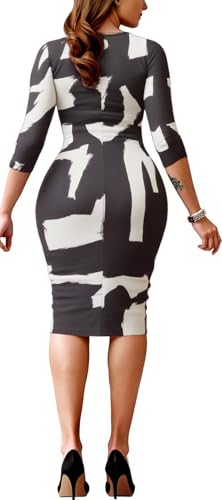 Image of Women's Elegant Bodycon Print Twist Front Workwear Midi Pencil Dress | This versatile bodycon dress is perfect for work, office, business casual, dating, parties, and weekend outings.