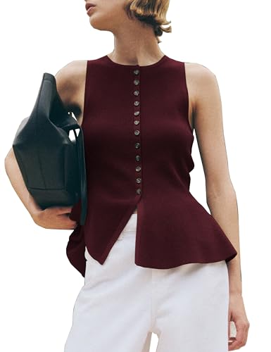 Womens Sweater Vest Peplum Tops for Women Button Down Sleeveless Fall Knit Tops Casual
