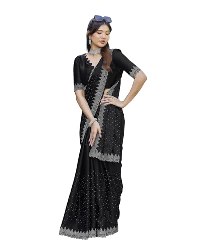 Image of Yashika Women's Hot Fix Work and Solid Color Satin Moss Saree With Unstitched Blouse Material
