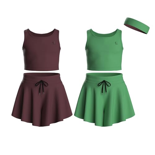 Image of Flowy Girls Butterfly Shorts Skirts w /Pockets & Athletic Sleeveless Tank Tops, Dance Tennis Cheer Running (5pc Set)