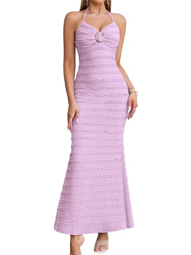 Image of HTZMO Women Wedding Guest Ruffle Bodycon Maxi Dress Halter V Neck Beach Vacation Summer Long Dresses 2026
