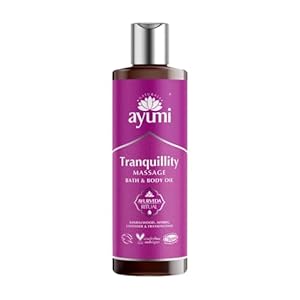 Ayumi Tranquility Massage Body Oil | Relaxing, Promotes Sleep & Uplifts Mood | Rose Geranium Oil, Lavender Essential Oils & Frankincense Oil for skin | Ayurvedic Bath & Body Oil for Women & Men| 250ml