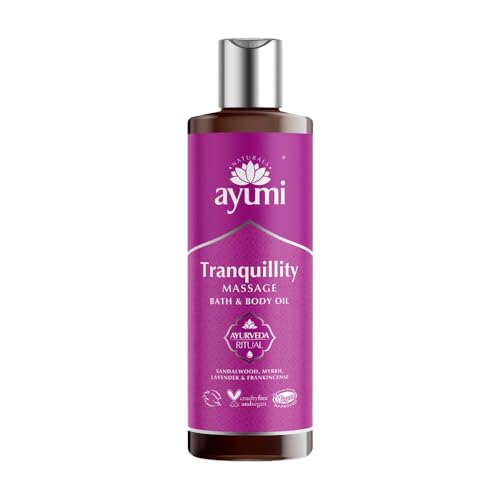 Ayumi Tranquility Massage Body Oil | Relaxing, Promotes Sleep & Uplifts Mood | Rose Geranium Oil, Lavender Essential Oils & Frankincense Oil for skin | Ayurvedic Bath & Body Oil for Women & Men| 250ml