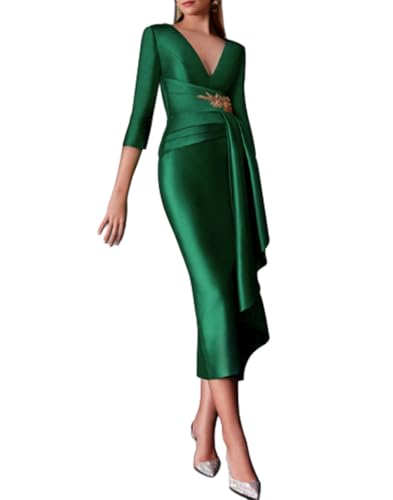 Sheath/Column Elegant Formal Cocktail Dress 3/4 Length Sleeve Tea Length V Neck Wedding Guest Dress with Buttons 2024 - Main Image