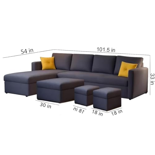 Image of FURNY Arno 8 Seater Fabric LHS L Shape Sofa Set with 1 Centre Table & 2 Ottomans (Dark Grey Color)