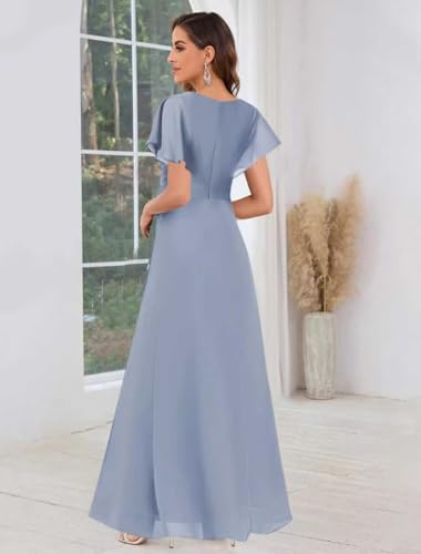 Chiffon Mother of The Bride Dresses Ruffle Short Sleeves Pleated Evening Gown Crew Neck Formal Dress for Wedding2