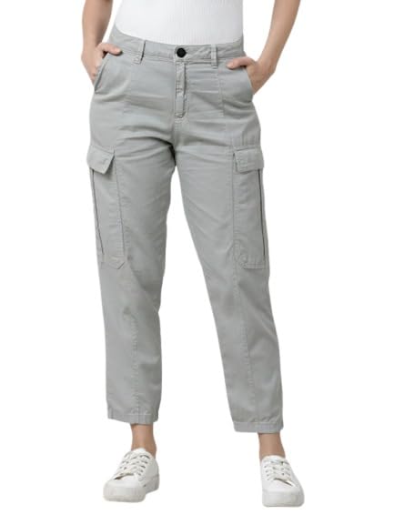 bene kleed Women's Solid Grey 100% Cotton Cargo Trousers | Mid-Rise Utility Waistband | Ankle Length Straight Leg | Regular Fit Casual Street Wear & Multi-Pocket Pants |-picture-11