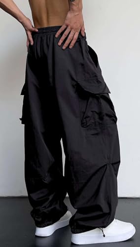 PADOLA Pantalon Baggy Homme Cargo Séchage Rapide Pantalons de Travail avec Multipoches Taille Haut Elastique Décontracté Pantalon Jogging Chino Large Pantalons Yoga Cordon de Serrage (0 Noir, M) – vue 2