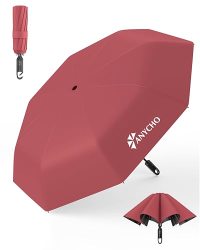 Image of ANYCHO Umbrella for Women 3 Fold with Carabiner Handle - Small Size for UV Protection & Rain - Automatic Pocket Umbrella for Men, Women and Kids