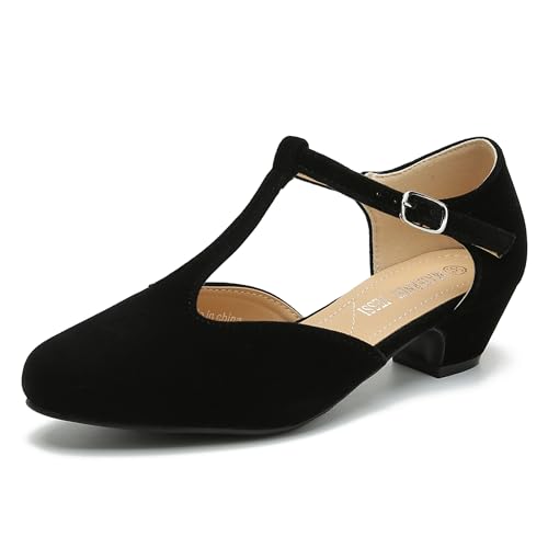 Image of MAIERNISI JESSI Women's T-Strap Mary Jane Pumps, Low Block Heel, Closed Toe, Buckle Ankle Strap
