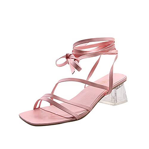 Woaikeyu Sandalias para mujer, de verano, transparente, con tacón grueso, con punta abierta, con cruz de verano, rosa, 39 EU