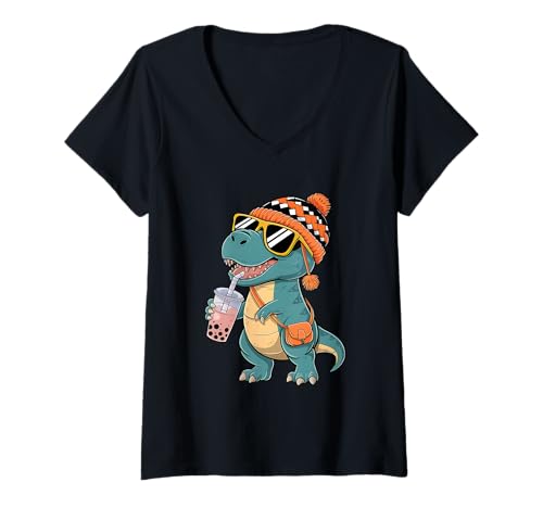 Femme Cute T-Rex Dinosaur Drinking Bubble Tea Milk Boy Girl Autumn T-Shirt avec Col en V
