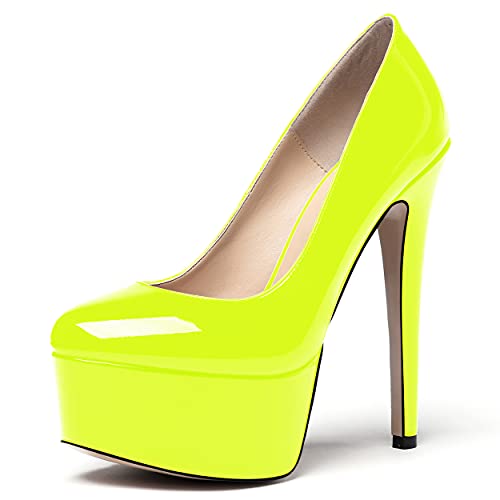 WAYDERNS Women's Solid Patent Leather Slip On Platform Round Toe Stiletto High Heel Pumps Shoes 6 Inch