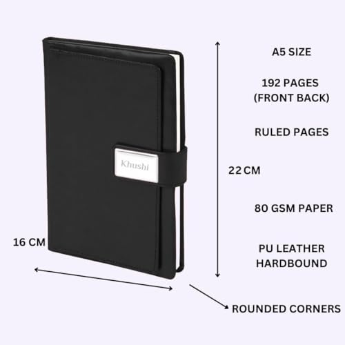Image of Giftana Personalized Diary with Name, Customized Leather Notebook Diary with Magnetic Flip Lock, A5 Size, 192 Ruled Pages Office Diaries for Writing, New Year Corporate Gifts for Employee (Black 4)