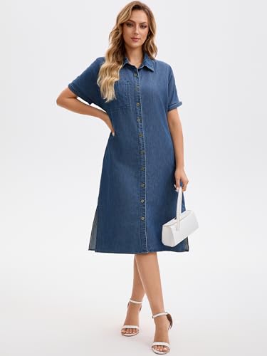 Image of Women's Midi Denim Dress Summer Short Sleeve Button Down Casual Loose Long Tunic Jean Shirt Dress