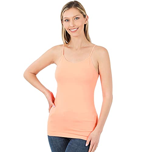 Zenana Women Basic Seamless Slim Fit Longline Undershirt Spaghetti Camisole Tank Top With Adjustable Straps (Dark Rust/Neon Coral, Lxl) #TOP1