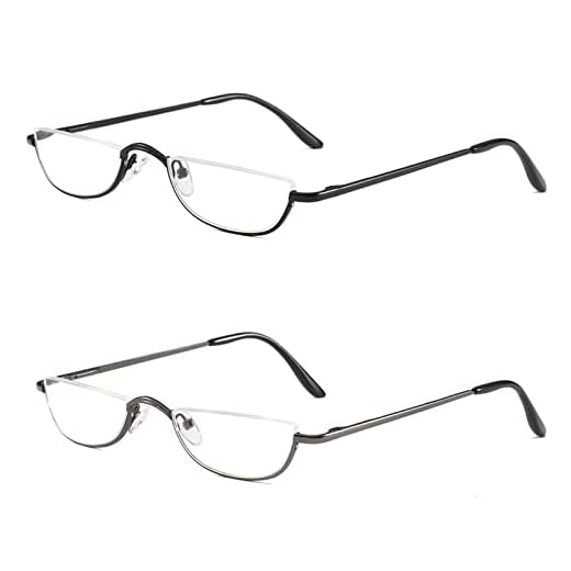 KoKoBin Half Reading Glasses - 2 Pairs Half Rim Metal Frame Glasses Spring Hinge Readers for Men and Women, Black+Gunmetal 2.50