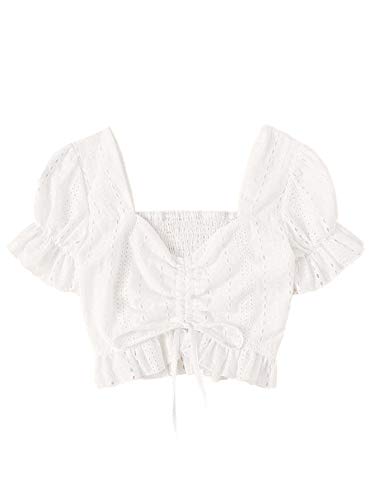 SheIn Women s Short Flounce Sleeve Blouse Crop Top Shirred V Neck Drawstring Shirt White Medium