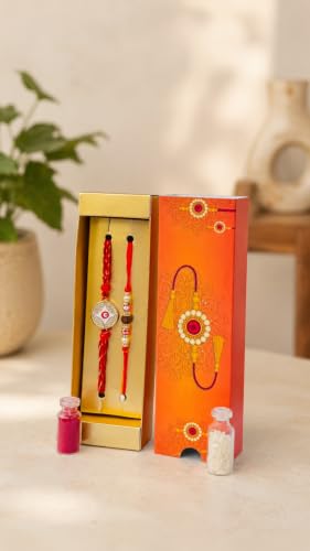 Image of Rakhi Gift Hamper, 9 Items, Raksha Bandhan Gift for Brother, Dry Fruits, Healthy Snacks, Herbal Tea, Roli Chawal, Greeting Card & Decorative Gift Box, Premium Gift Hamper Set
