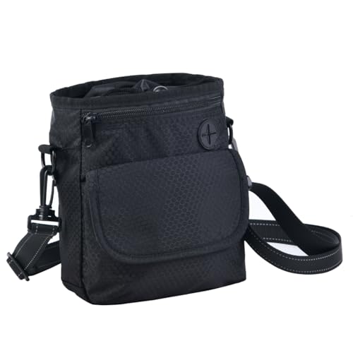 HANWELL Waterproof Dog Treat Pouch with Built-in Poo Bag Dispenser, Hands Free Puppy Training Bag Carries for Walking (Adjustable reflective Waist Belt & Shoulder Strap)-New Black