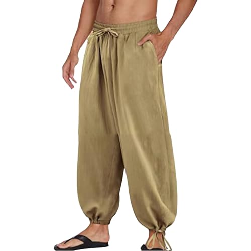SAUTRV Corsé de algodón simple de color sólido para hombre, estilo casual, de cintura alta, para playa, pantalones casuales para casa al aire libre, caqui, M