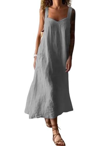 Image of chouyatou Women's Summer Spaghetti Strap Sleeveless Linen Overall Dress Casual A-Line Midi Long Beach Dress