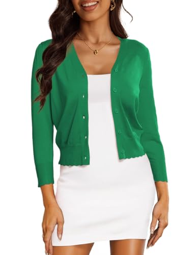 CPOKRTWSO 3/4 Sleeve Green Cropped Cardigan for Women Lightweight V-Neck Button Down Knit Sweaters Green M