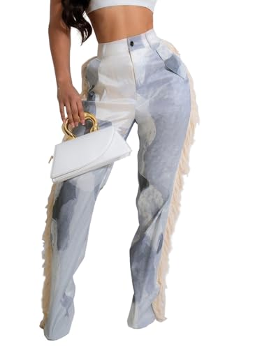 Angsuttc Fringe Pants for Women Print Straight Leg Pant High Waisted Side Tassel Pants