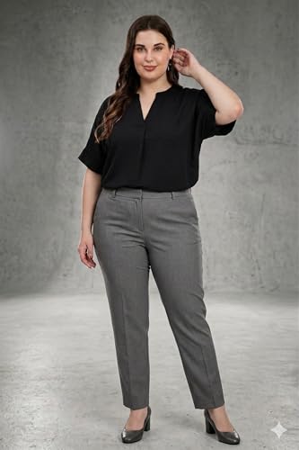 Image of SINDOORI Relaxed Fit Tops for Women Plus Size Solid Printed Mandarin Collar, Band Collar, V-Neck Top, Half Sleeve Loose Fit