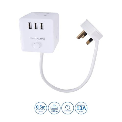 PRO ELEC PELB1478 - 3‑Gang Cube Mains Extension Lead with USB, 500 mm, White - Image 2