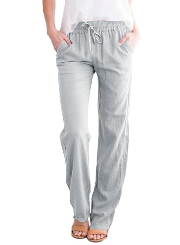 Tincini Leinenhose Damen Hose Sommer Musselin Leinen Hosen Stoffhose Einfarbig Freizeithose Gerade Geschnitten Strandhose Sommerhose mit Taschen (Hellgrau, M)