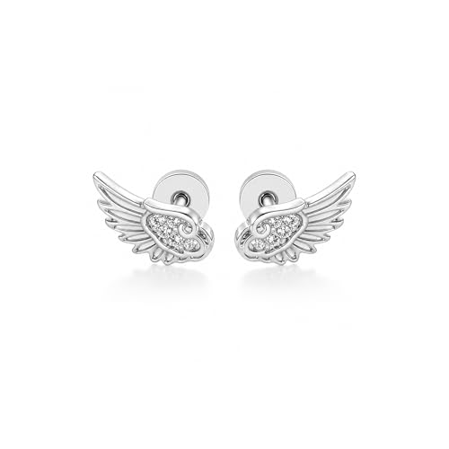 Angel Wing Stud Earrings For Women Y2K Mini Wings Hidden Flat Back Cartilage Earring Cubic Zirconia 316L Stainless Steel Helix Piercing Statement Minimalist Jewelry Gift (Angel Wing Silver)