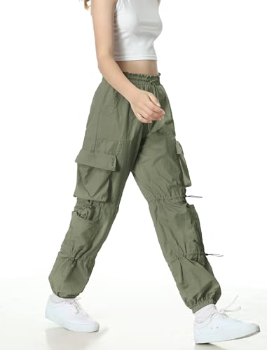 Image of EXARUS Girls Parachute Pants Cargo Hip Hop Wide Leg Baggy Y2K Teen | Tween Casual School Dance Streetwear with Pockets Elastic Waist Youth Junior Kids Bottoms Hiking 8-14Y