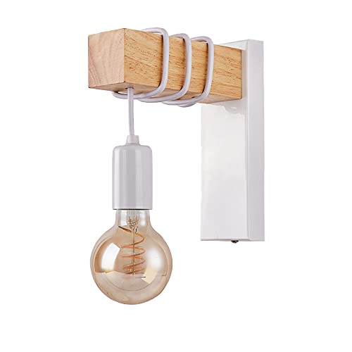 Vintage Lámpara de Pared Madera y Metal Aplique de pared Retro Industrial Casquillo E27 Iluminación Interior para Dormitorio, Hotel, Restaurante, Cocina, Sala de estar (Blanco) Cover