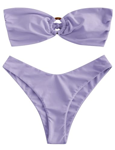 Image of ZAFUL Women's Bandeau Bikini O Ring Strapless Tie Back High Cut Two Piece Swimsuit Bathing Suits