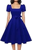 OBBUE Women's Square Neck Dress Vintage 1950s Cocktail Party Dress with Puff Sleeves Royal Blue XL