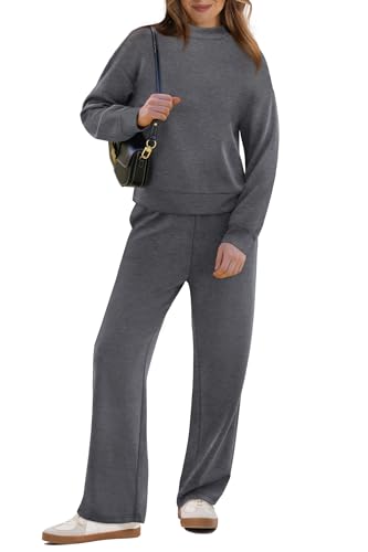 Image of WIHOLL Two Piece Sets for Women Fall Outfits Lounge Sets Mock Neck Tops Wide Leg Pants Vacation Travel Airport Outfits