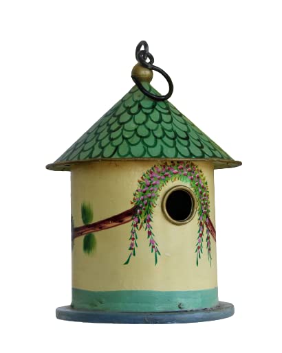 The Rustic Journey Antique Vintage Handcrafted Iron Bird House, Old Hand Made Birdhouse, Yellow & Green Hand Painted House, Home and Garden Decor