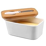 Hermosa porcelana: creemos que nuestros productos tienen que durar con el tiempo, por lo que tienen que ser fabricados con material de calidad, por eso el recipiente de almacenamiento de mantequilla que viene en un color blanco clásico, junto con un material único y duradero como ninguna otra madera como el bambú, y para completar el kit, te presentamos la mantequillera con tapa y cuchillo, ¡sí! Para que puedas extender tus mermeladas, mantequilla o queso tienes tu mantequilla de bambú. 100% elegante, hermoso y con materiales de primera clase.