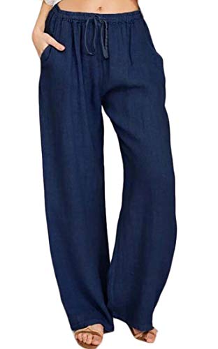 Calça palazzo feminina KLJR cintura elástica moda yoga perna larga reta linho, Dark Blue, XX-Large