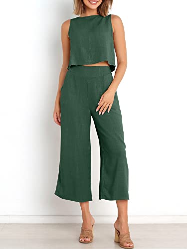 Image of ANRABESS Women's Summer 2 Piece Outfits Sleeveless Tank Crop Button Back Top Cropped Wide Leg Pants Set Pockets